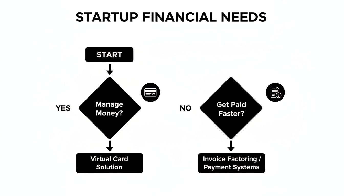 Flowchart illustrating startup financial needs: managing money with virtual cards or getting paid faster.