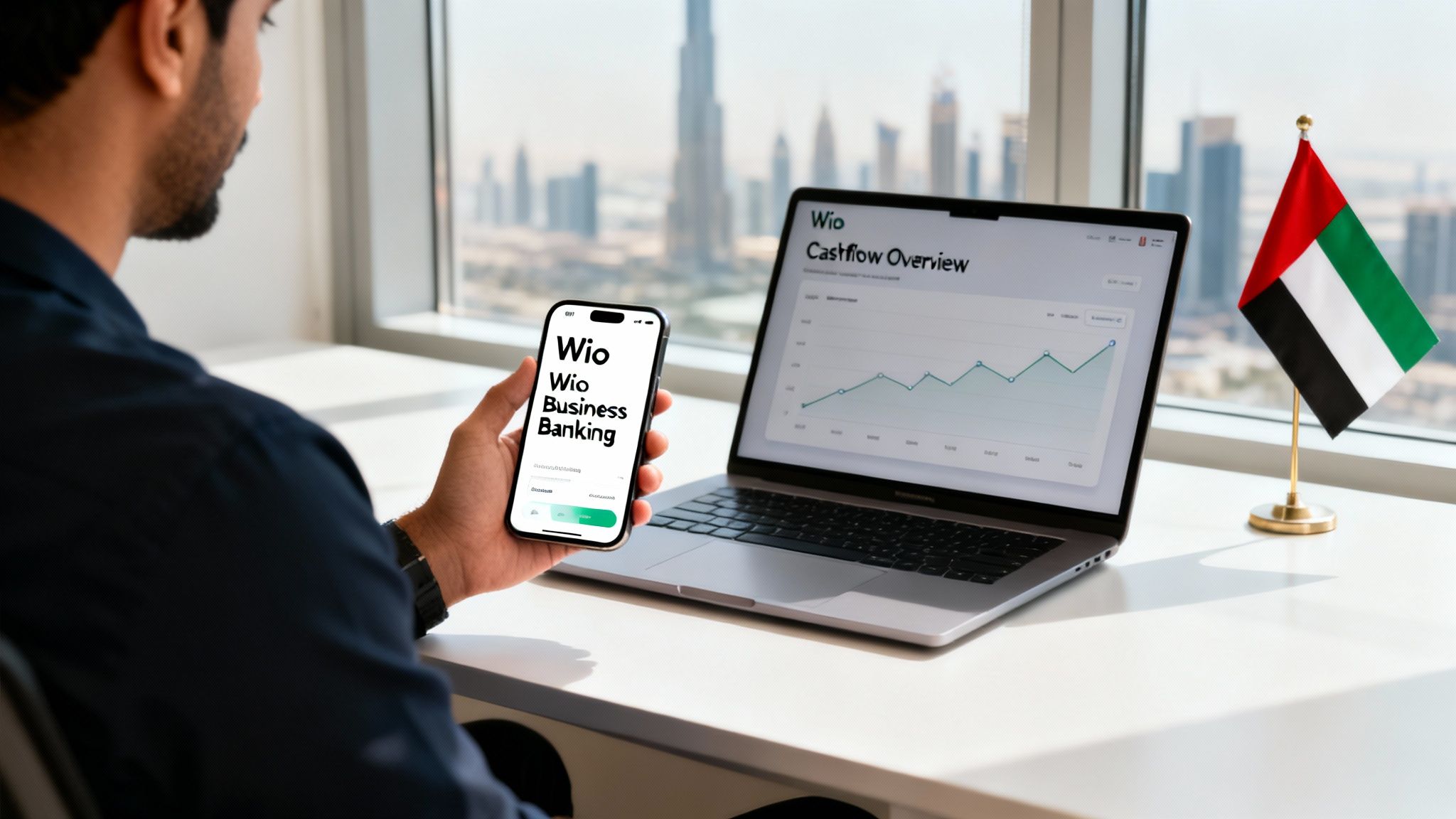 Man using Wio Business Banking app on phone next to a laptop displaying financial data.