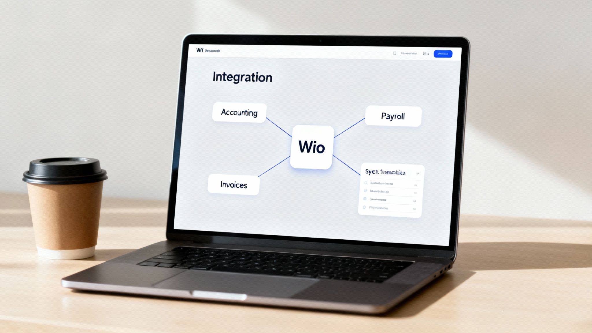 A laptop shows a Wio business banking integration diagram, connecting accounting, payroll, and invoices on a desk.