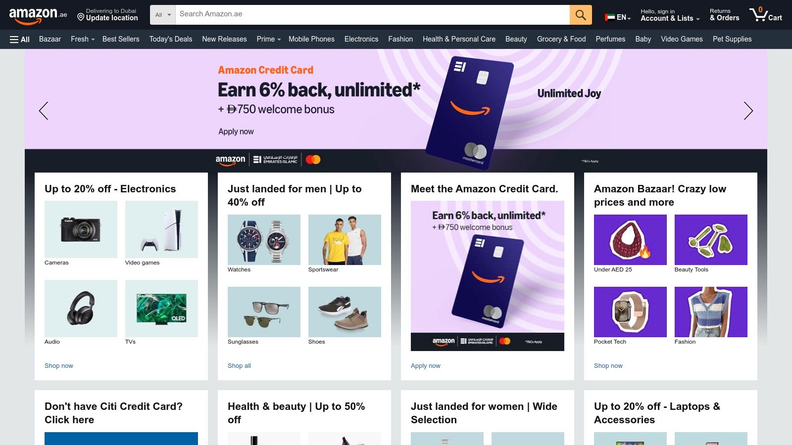A screenshot of the Amazon.ae homepage, showcasing its search bar and various product categories, highlighting its role as a primary source for books.