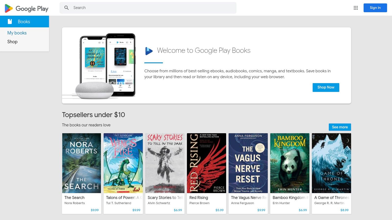 A screenshot of the Google Play Books homepage, showcasing various book categories and recommendations, highlighting its role as a digital bookstore.