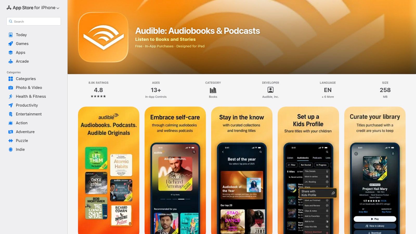 A smartphone screen displaying the Audible app interface, showing a library of audiobooks with cover art, titles, and progress bars.