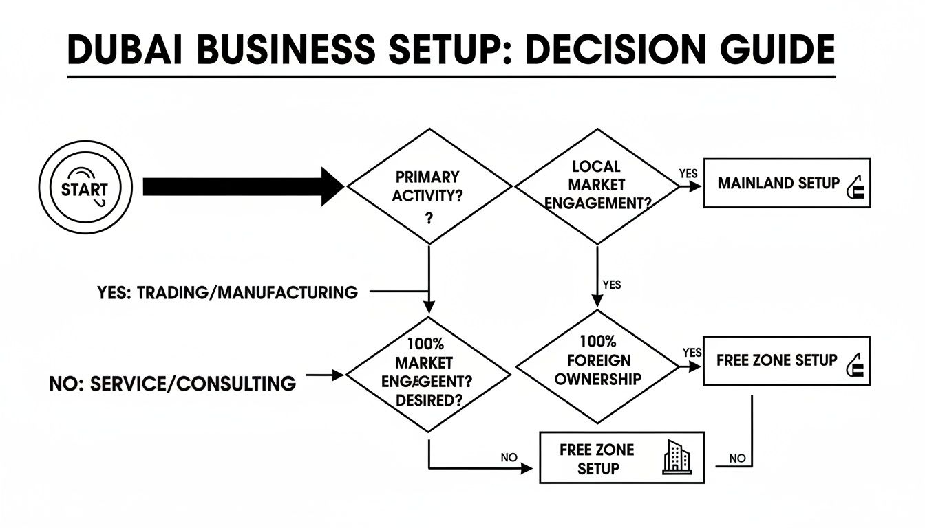 A decision guide flowchart for Dubai business setup, outlining options based on activity, market engagement, and ownership.
