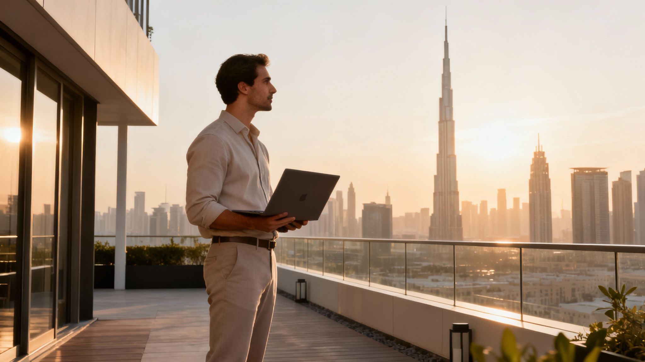 A man on a modern balcony holds a laptop, gazing at the Dubai skyline at sunset.