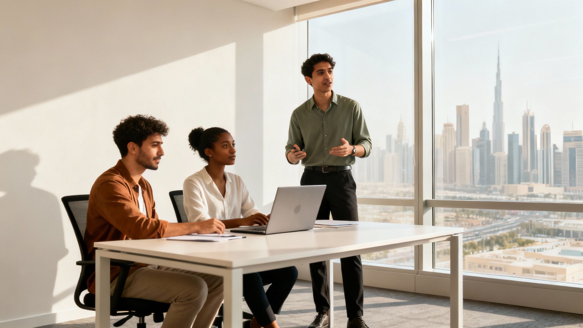 Diverse team meeting in a modern office overlooking the Dubai skyline with a presenter and two listeners.
