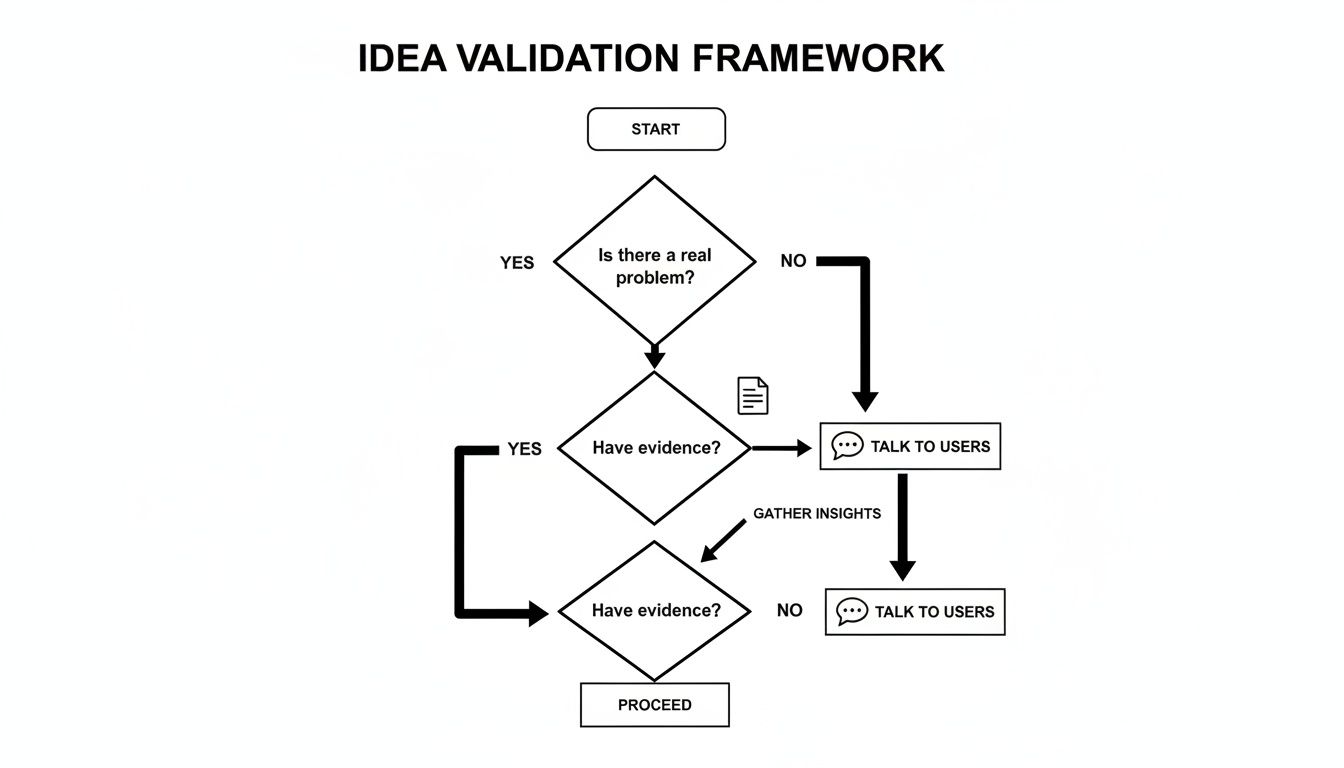 Flowchart detailing an idea validation framework, guiding users through problem identification, evidence gathering, and user feedback.