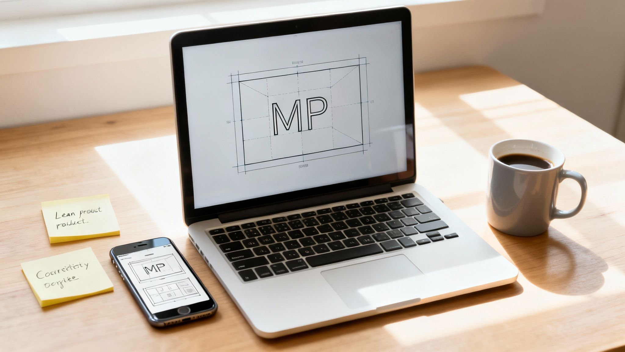 Laptop and smartphone display a design blueprint, alongside sticky notes and a coffee mug on a desk.