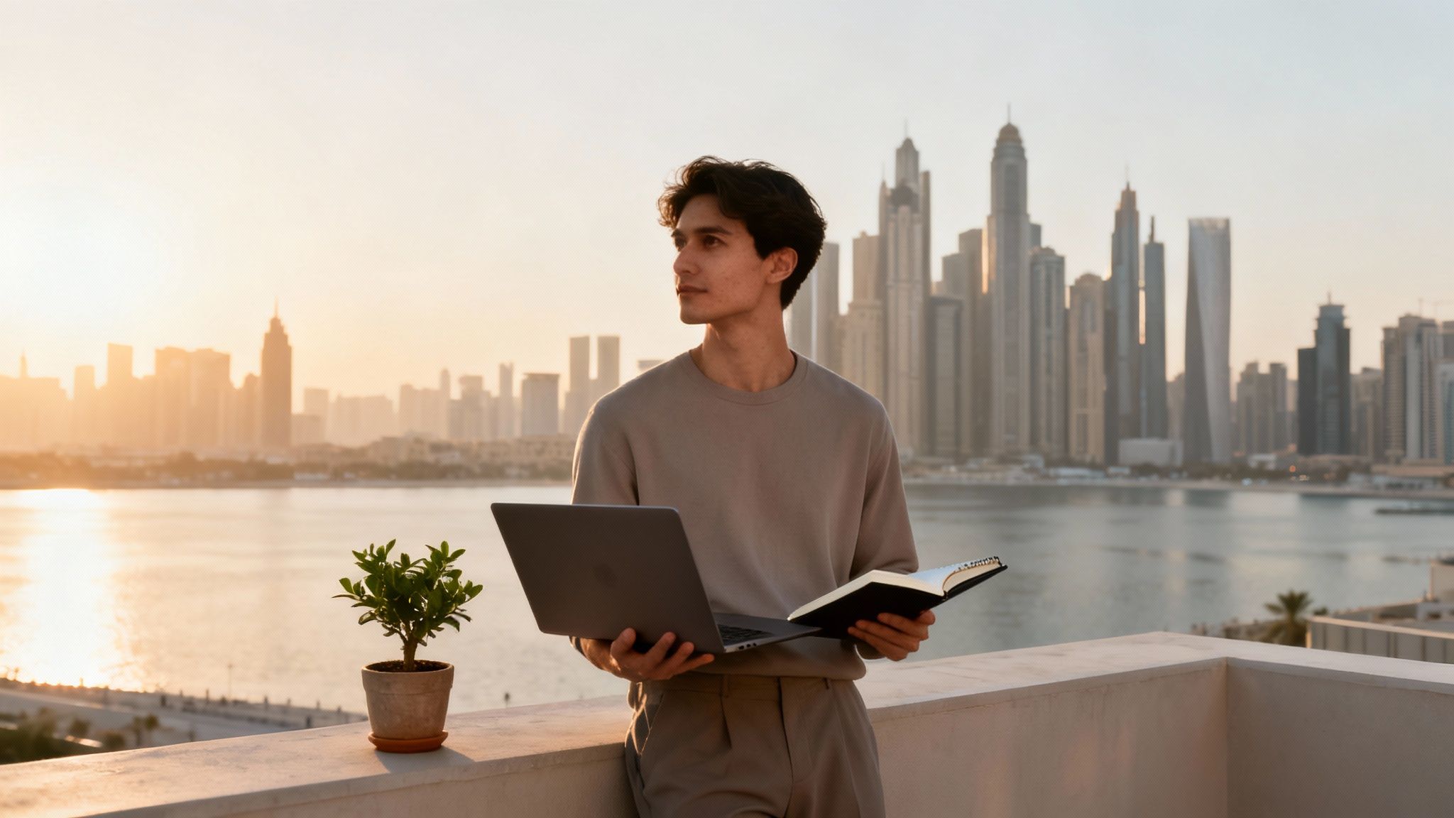 Young man on a balcony overlooking a city skyline at sunset, holding a laptop and notebook.