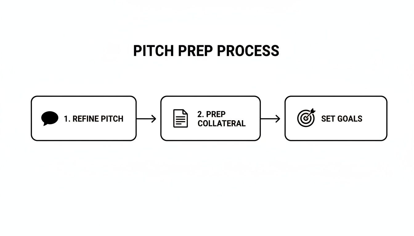 Flowchart illustrating the three-step pitch preparation process: refine pitch, prep collateral, and set goals.
