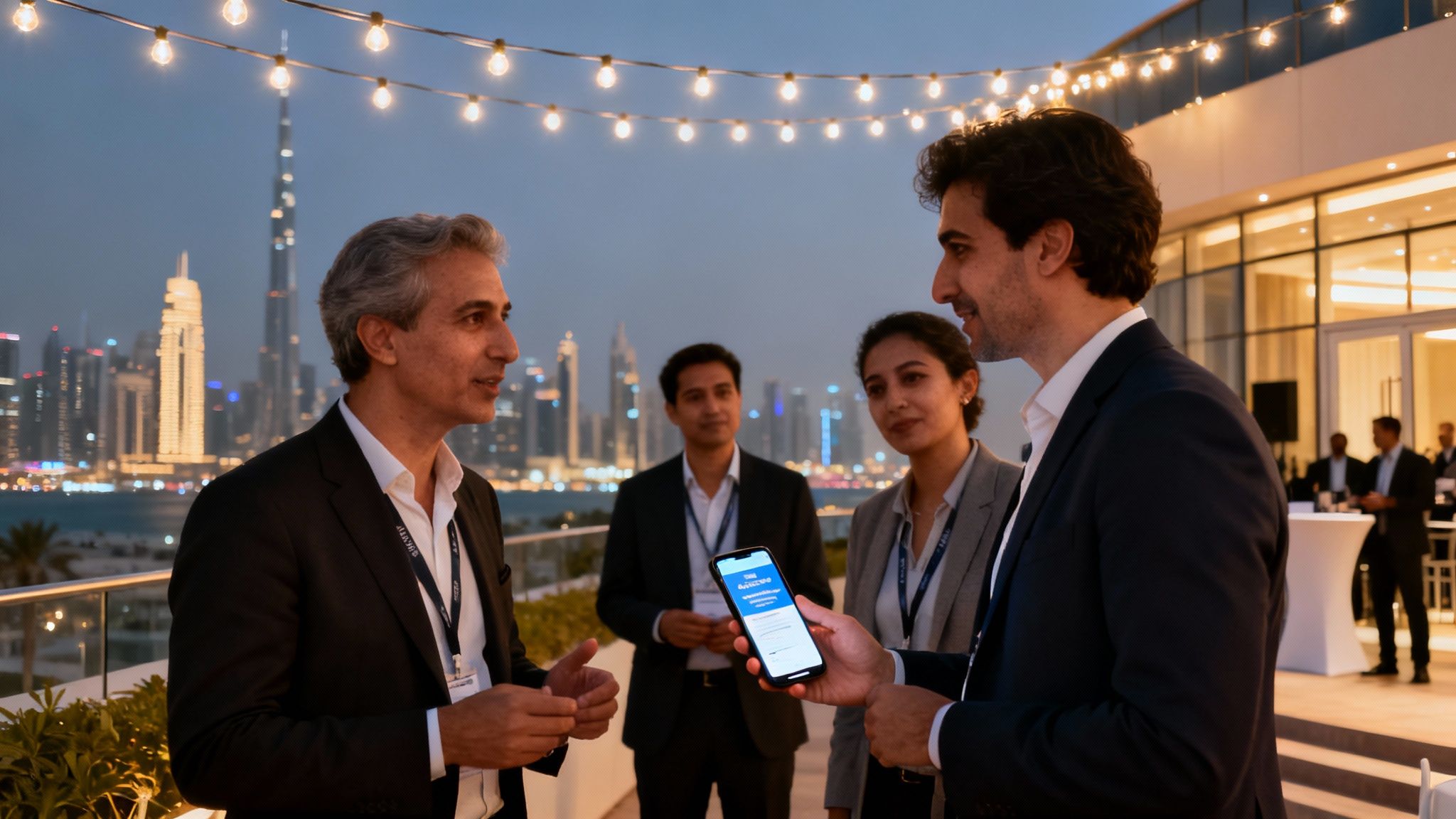 Professionals networking at an outdoor event with a city skyline backdrop, viewing a phone.