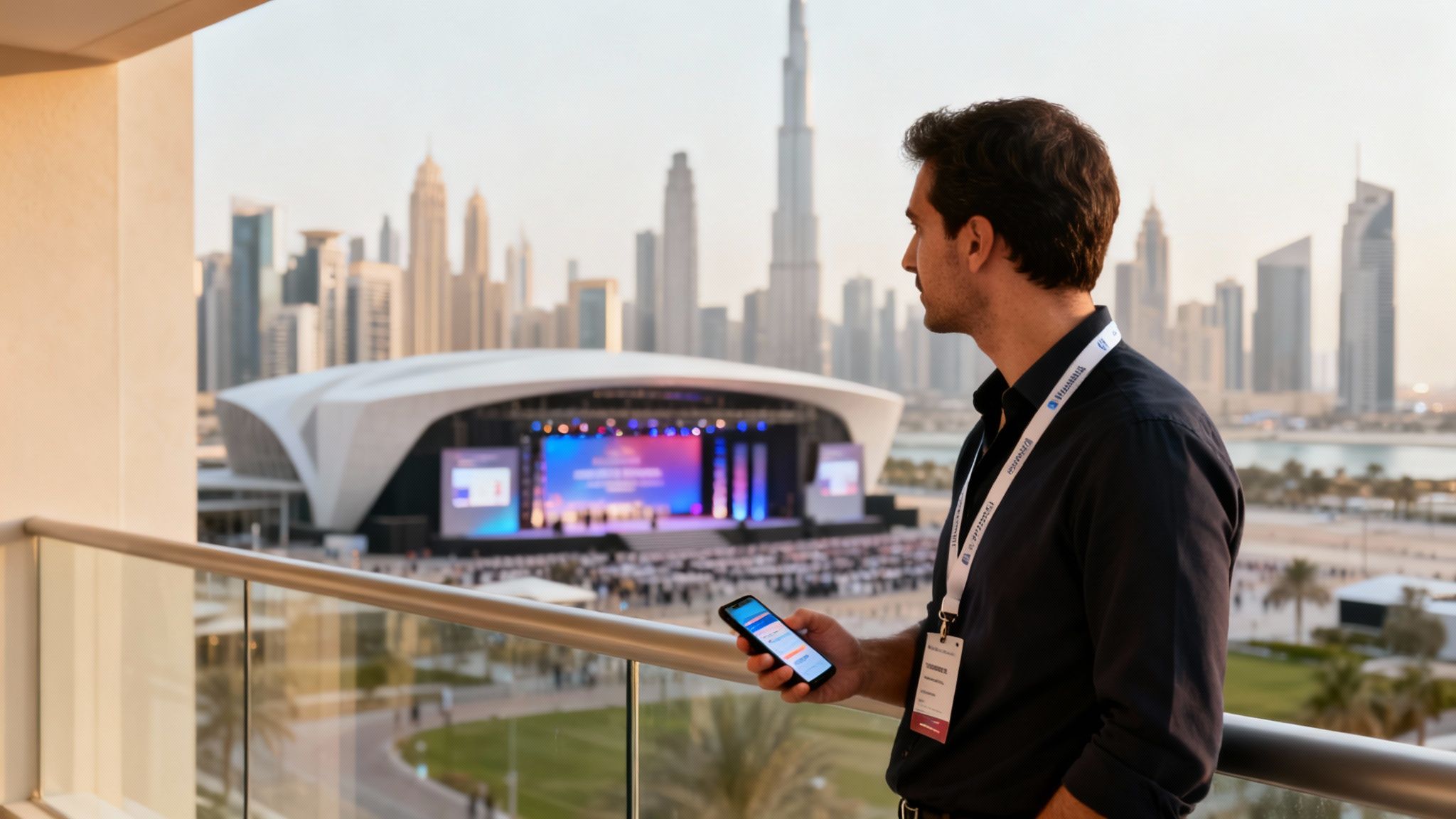 Man on balcony overlooking a large outdoor conference stage and the Dubai city skyline at dusk.