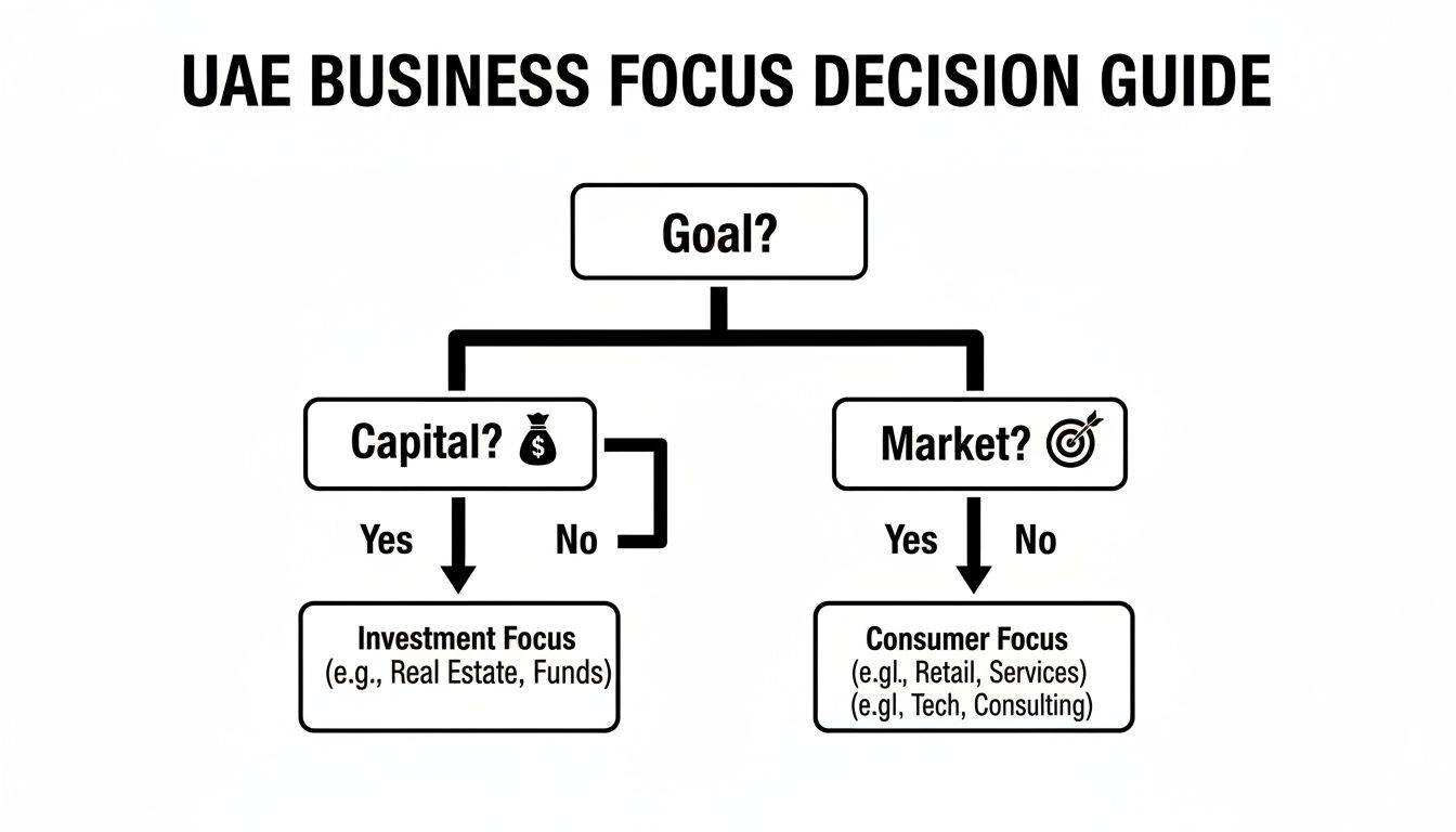 A flowchart outlining the UAE business focus decision guide based on capital and market considerations.