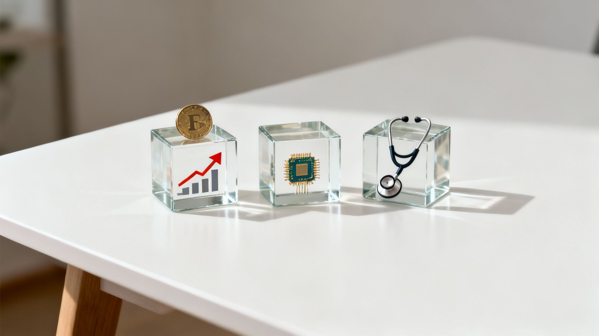 Three glass cubes on a white table, showing bitcoin growth, a microchip, and a stethoscope.