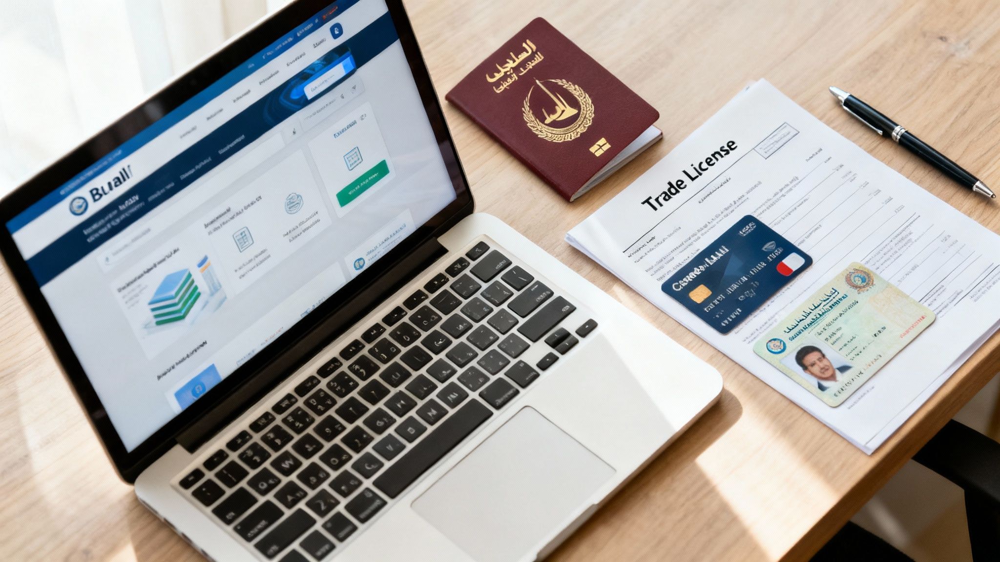 A laptop, passport, trade license, credit card, and ID on a wooden desk.
