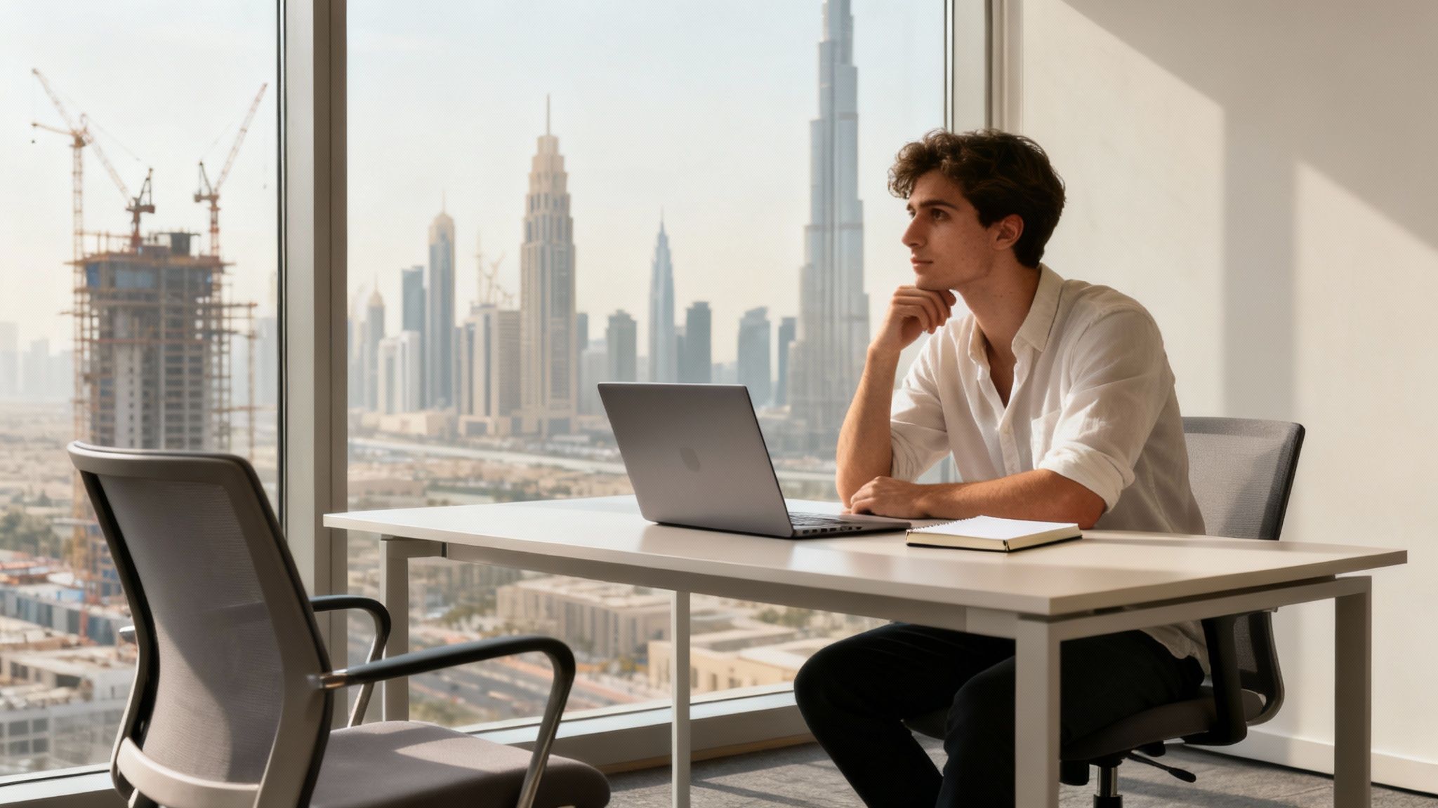Young man at a desk with a laptop, contemplating a Dubai cityscape view from a high-rise office.
