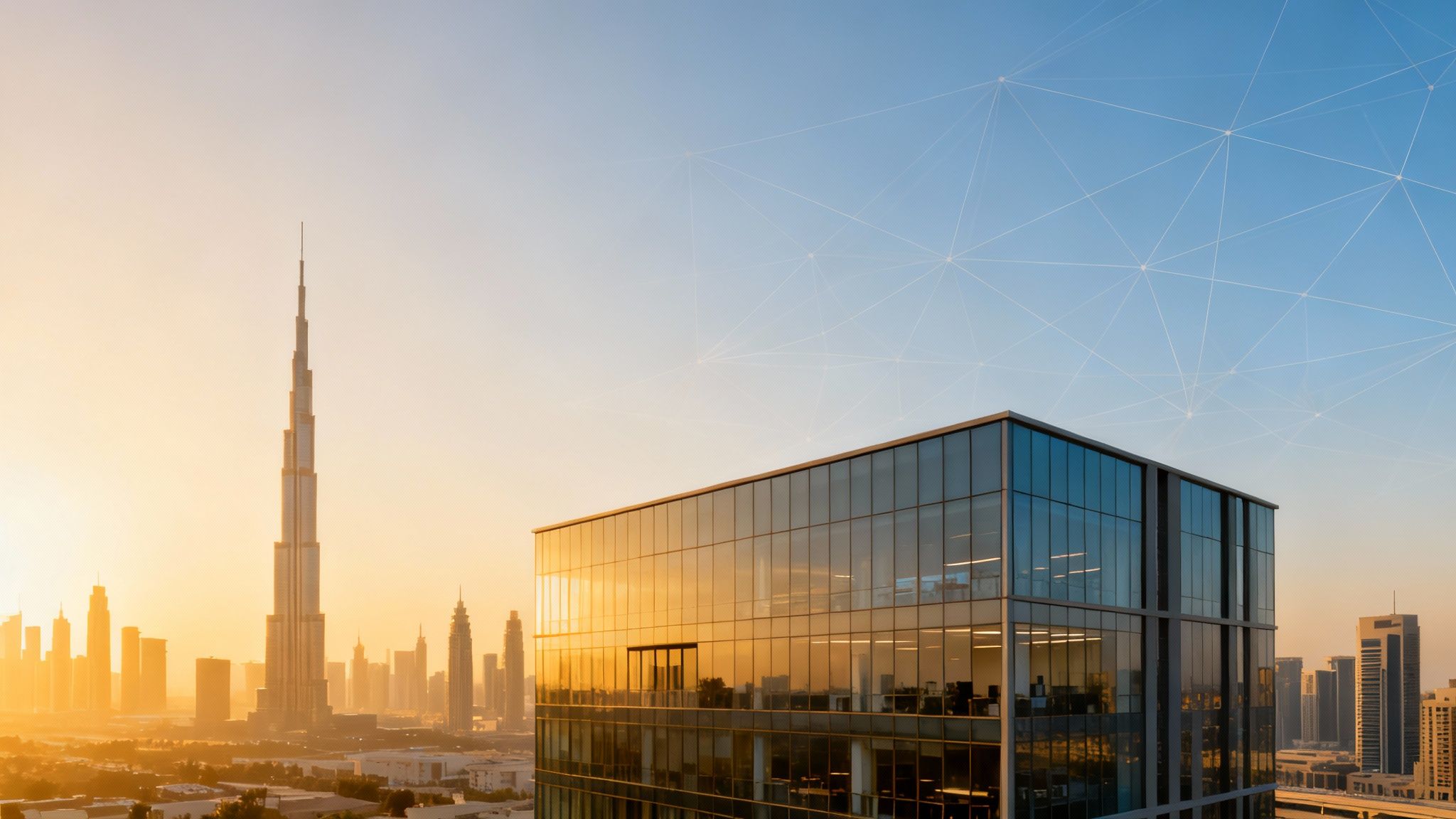 Dubai skyline at sunset with Burj Khalifa and a modern glass building, featuring a network overlay.