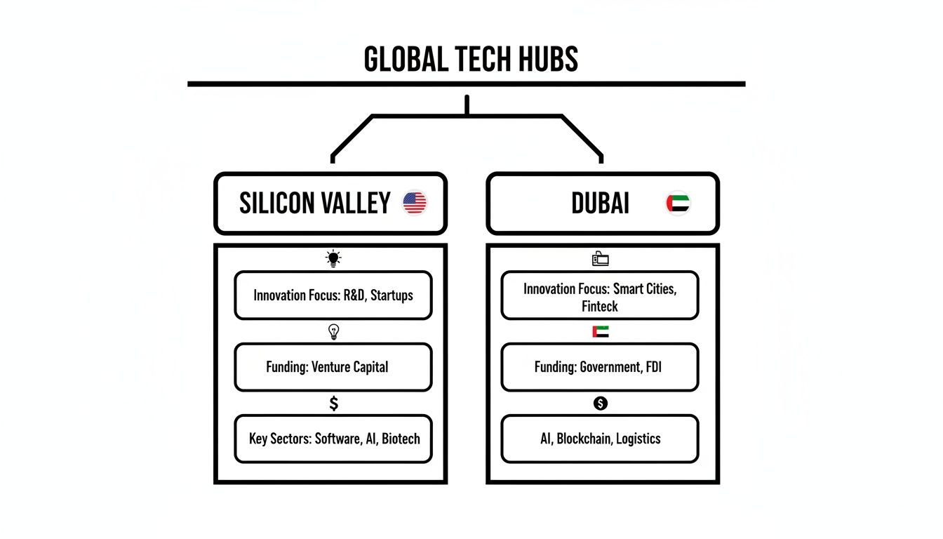 Comparison chart of global tech hubs, detailing Silicon Valley (USA) and Dubai (UAE) by innovation, funding, and key sectors.