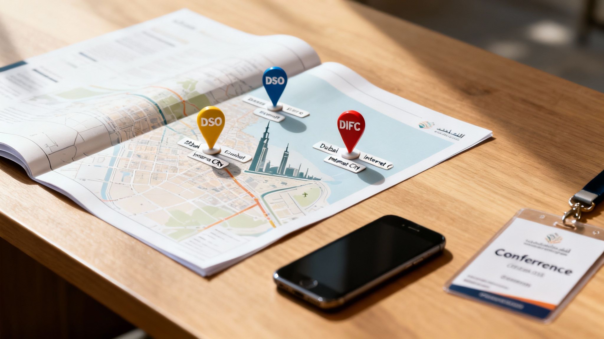 A map of Dubai with three location pins, a smartphone, and a conference badge on a wooden desk.