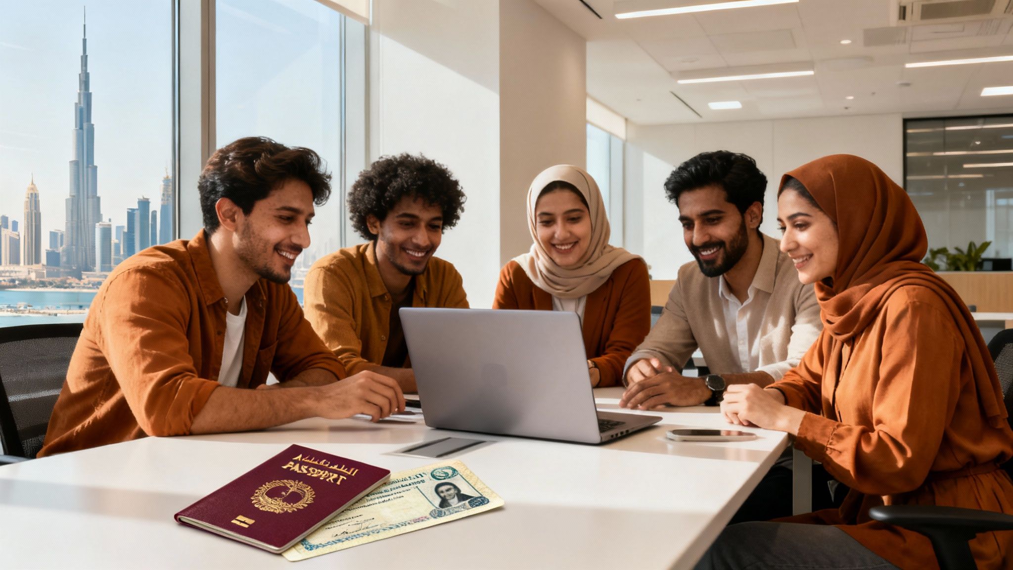 Five young adults collaborating on a laptop in a modern office with a Dubai skyline view.