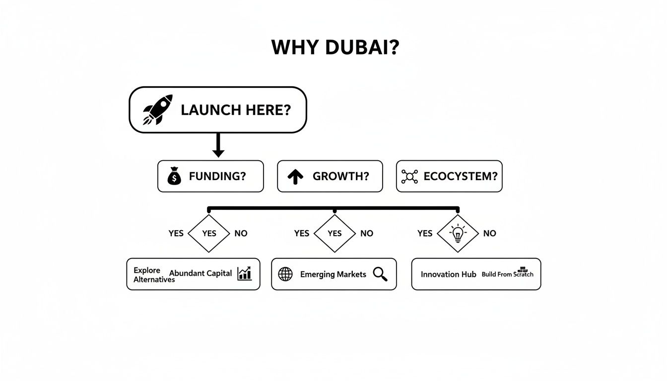 A flowchart titled 'Why Dubai?' exploring reasons to launch a tech startup there, covering funding, growth, and ecosystem.