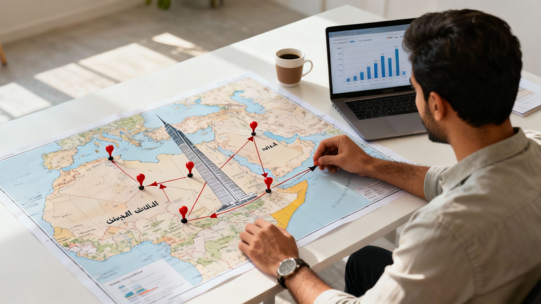 Man planning global routes on a world map with pins, a skyscraper, and a laptop with charts.