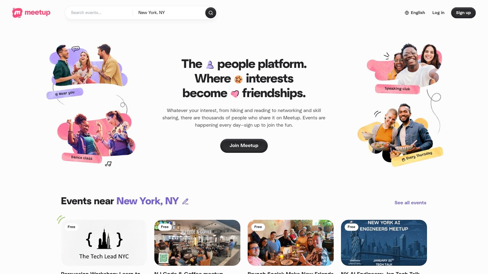 The Meetup platform showing various startup and tech event groups available in Dubai.