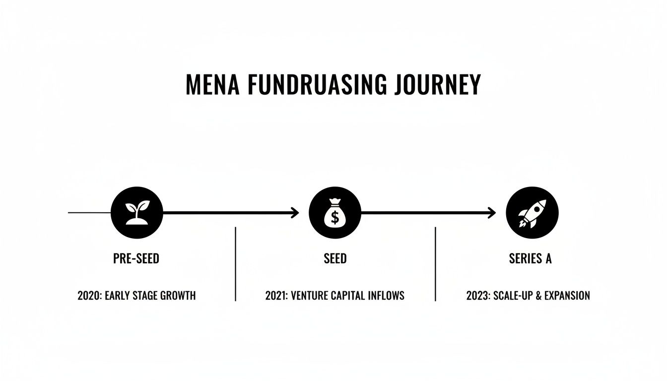 MENA fundraising journey timeline showing pre-seed, seed, and Series A stages with associated years and growth descriptions.