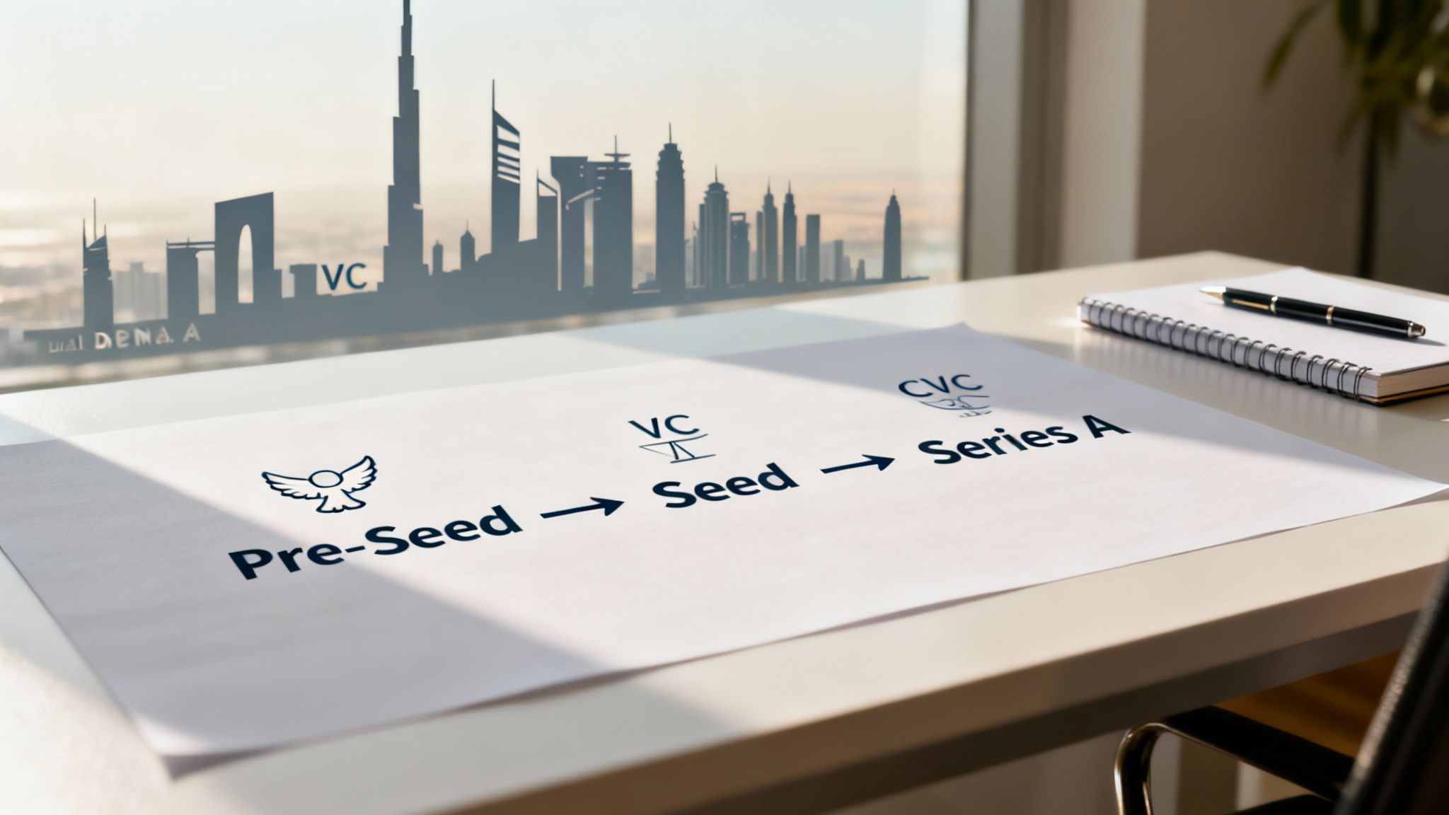 Startup funding stages diagram (Pre-Seed, Seed, Series A) with angel, VC, CVC investor types and a city skyline.