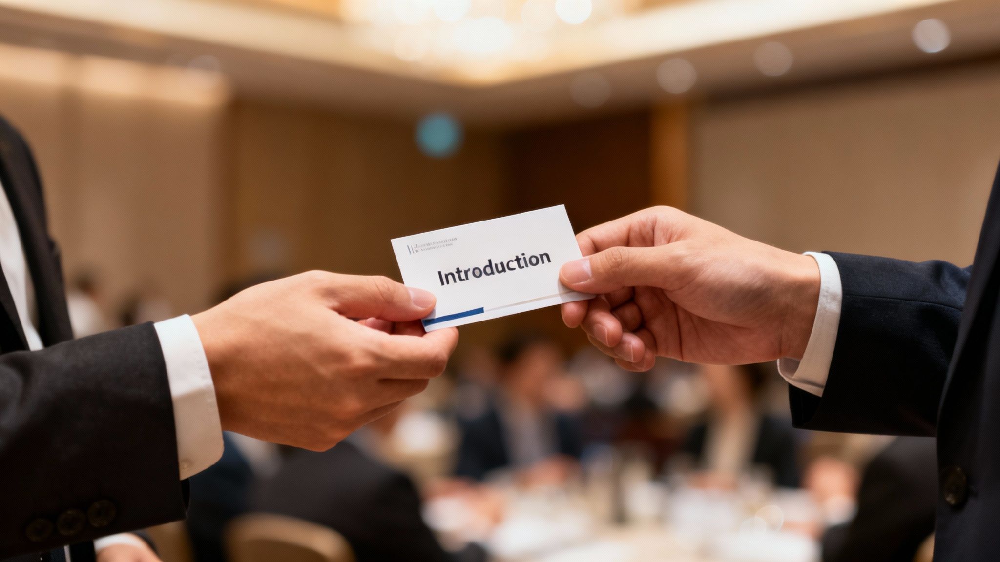 Two business professionals exchange a business card that reads 'Introduction' at a corporate event.
