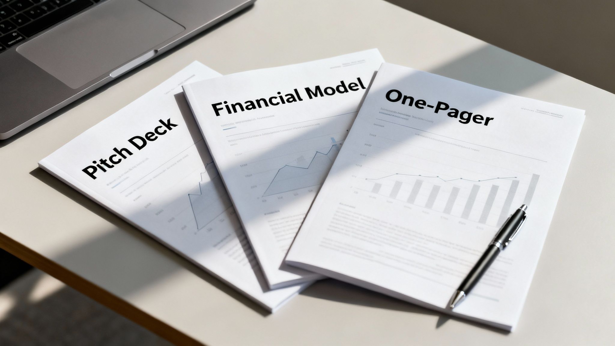 Three essential startup documents, a Pitch Deck, Financial Model, and One-Pager, on a desk with a laptop.