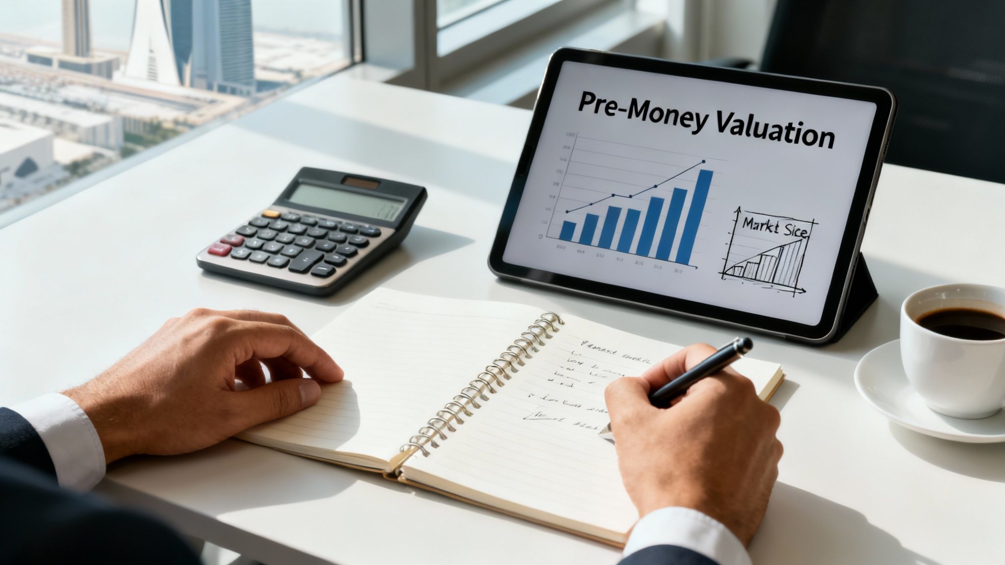 A person works at a desk with a tablet displaying 'Pre-Money Valuation' charts, a calculator, and coffee.