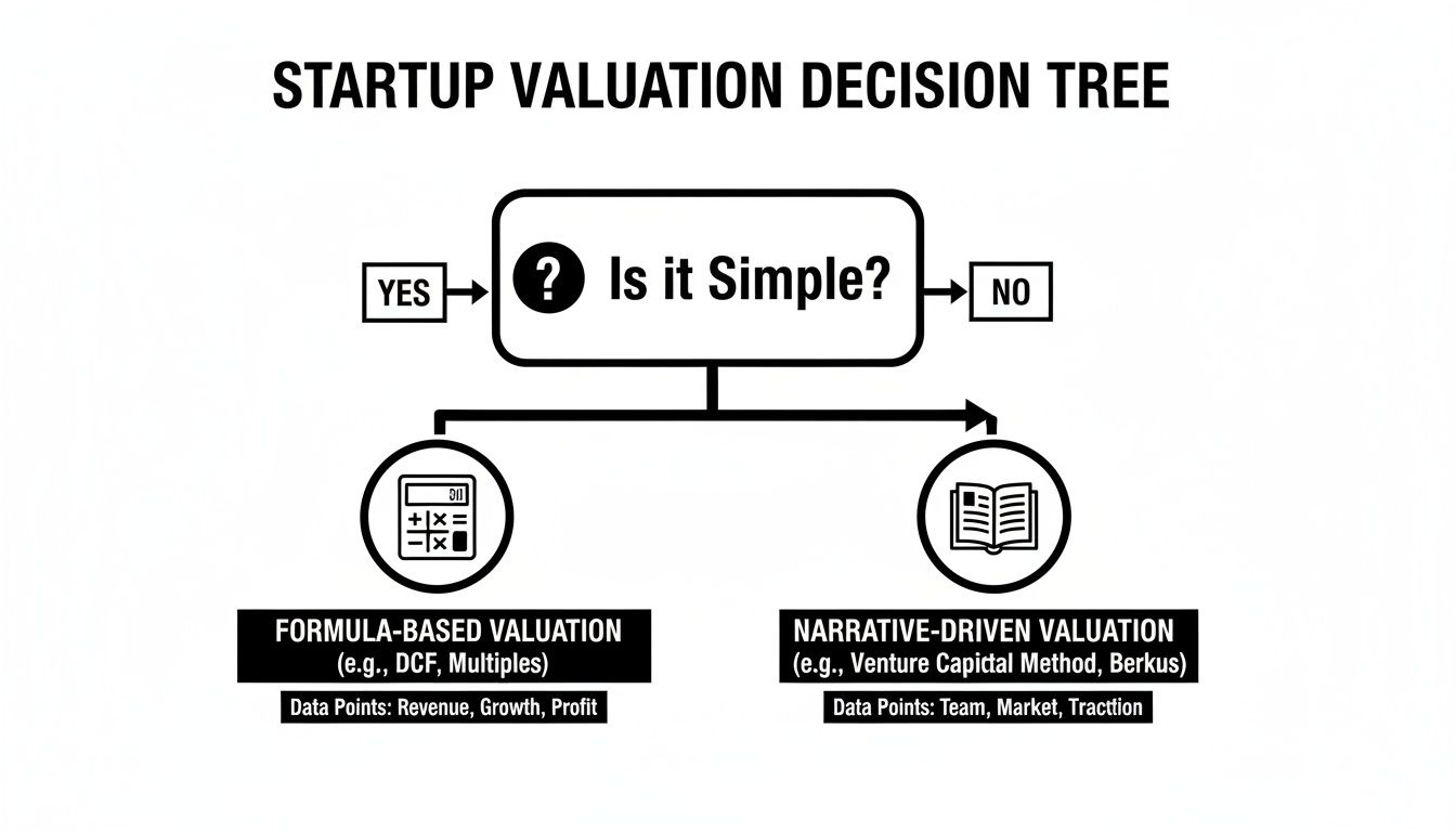 Startup valuation decision tree outlining formula-based versus narrative-driven approaches based on simplicity.