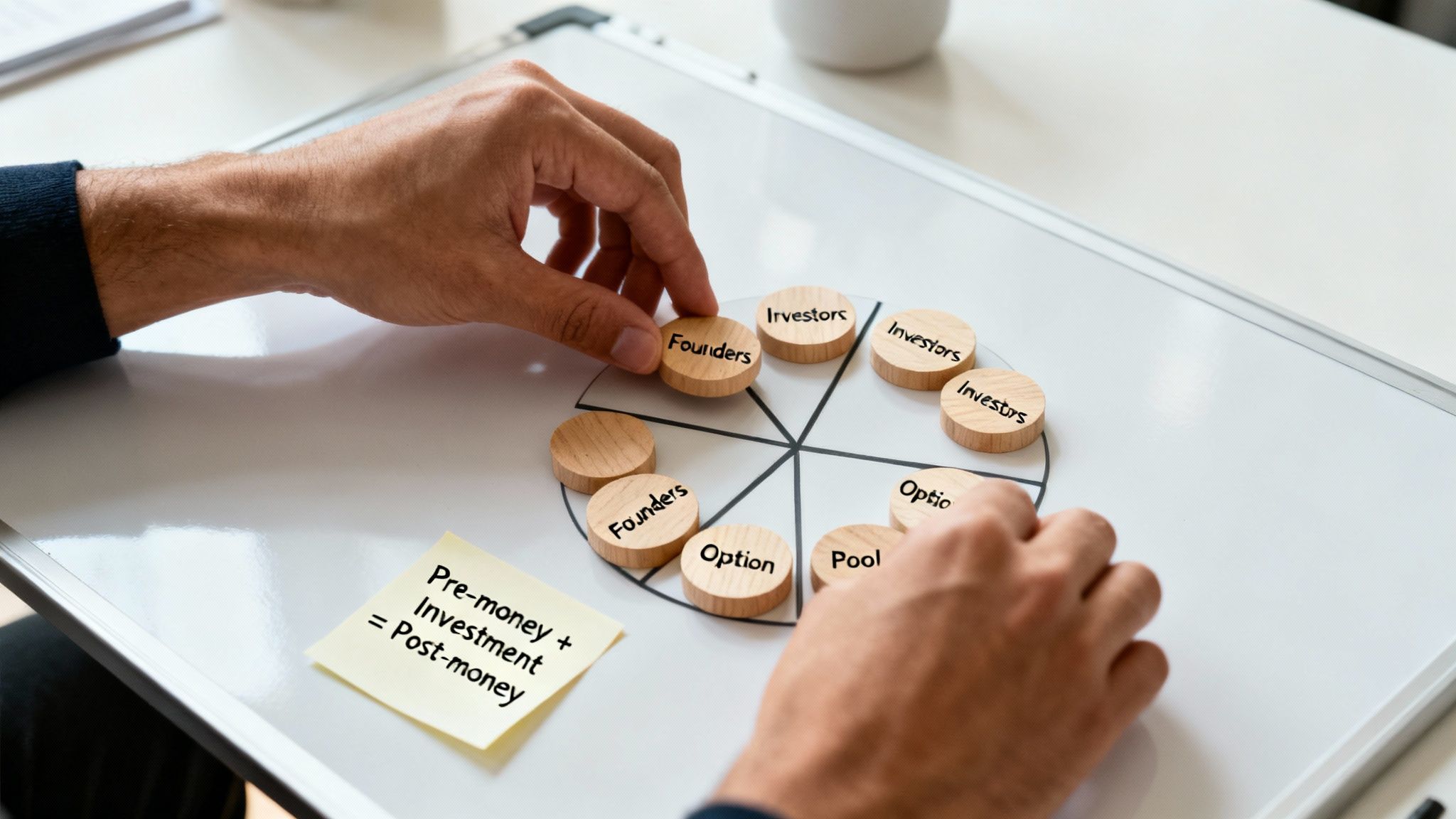 Hands placing wooden tokens with 'Founders' and 'Investors' on a pie chart, illustrating startup equity distribution.