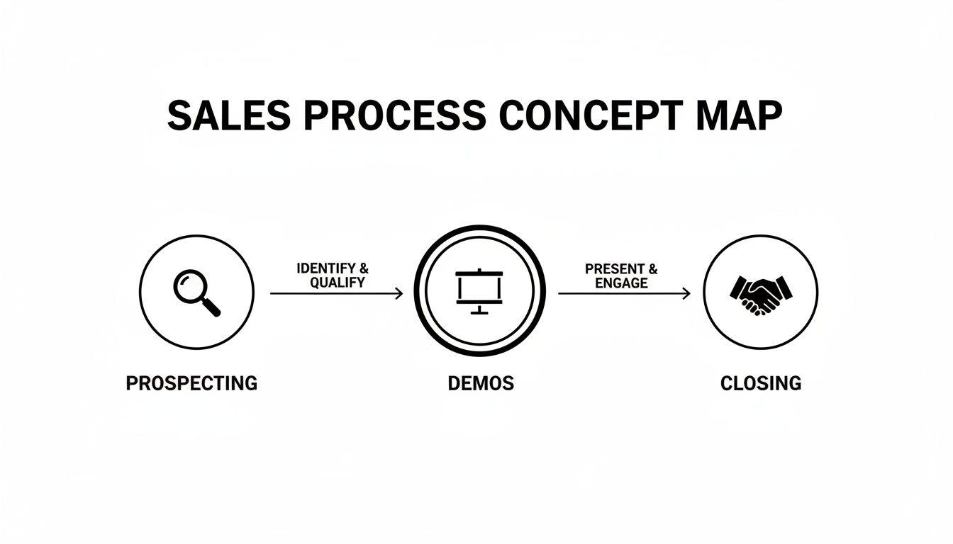 A sales process concept map illustrating prospecting, demos, and closing stages with connecting actions.