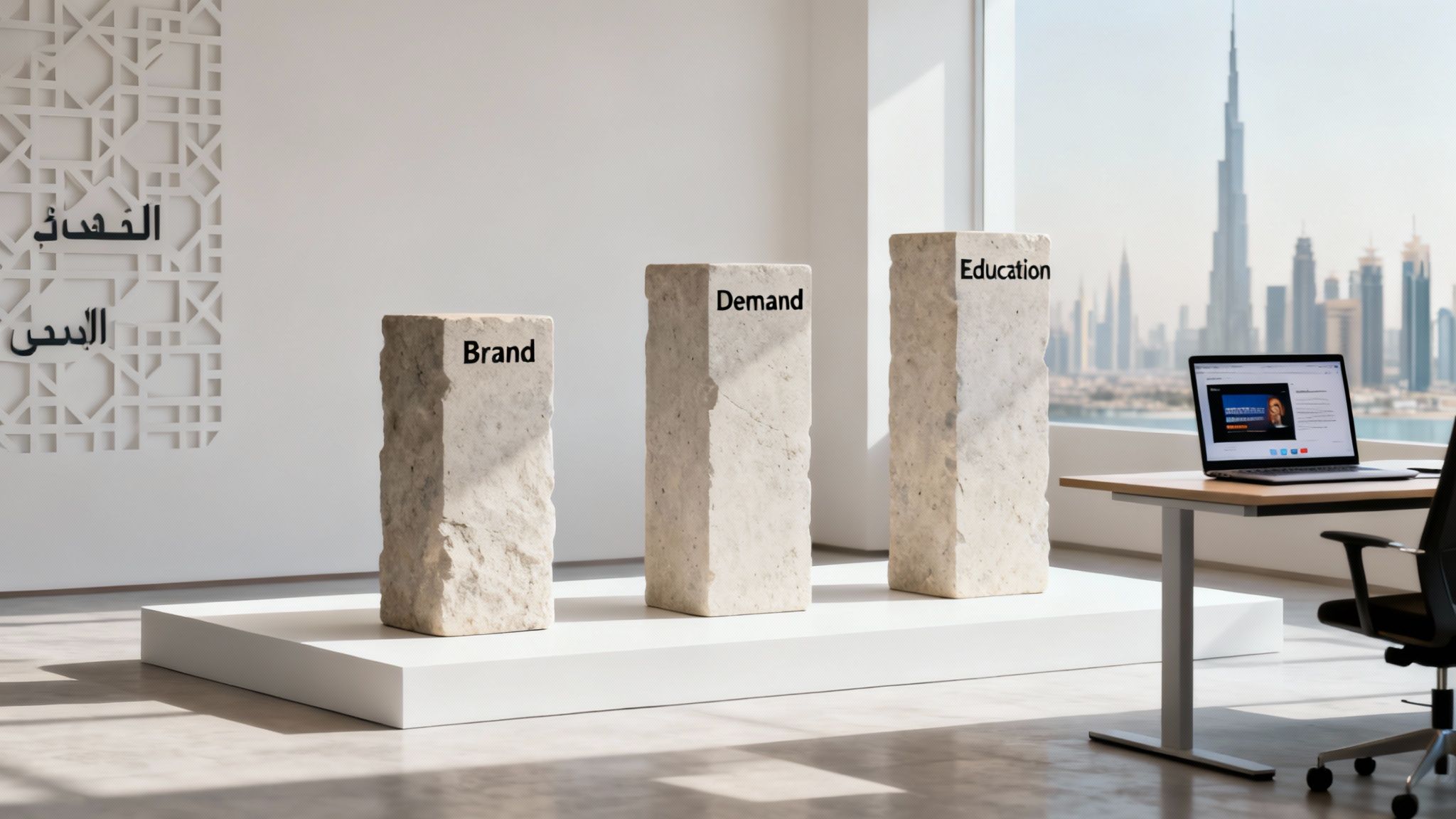 Three stone pillars labeled Brand, Demand, and Education in an office with a Dubai skyline.