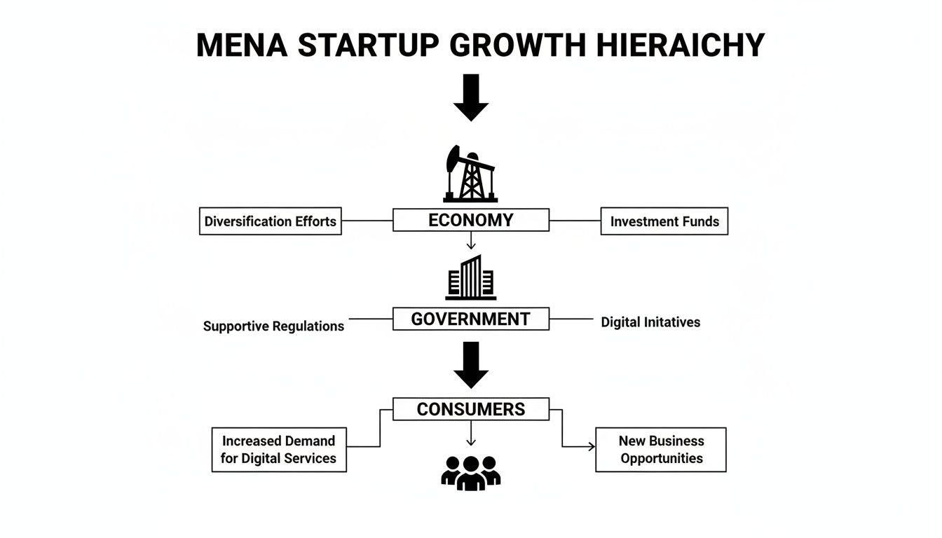 A diagram illustrates the MENA startup growth hierarchy, connecting economy, government, and consumers.