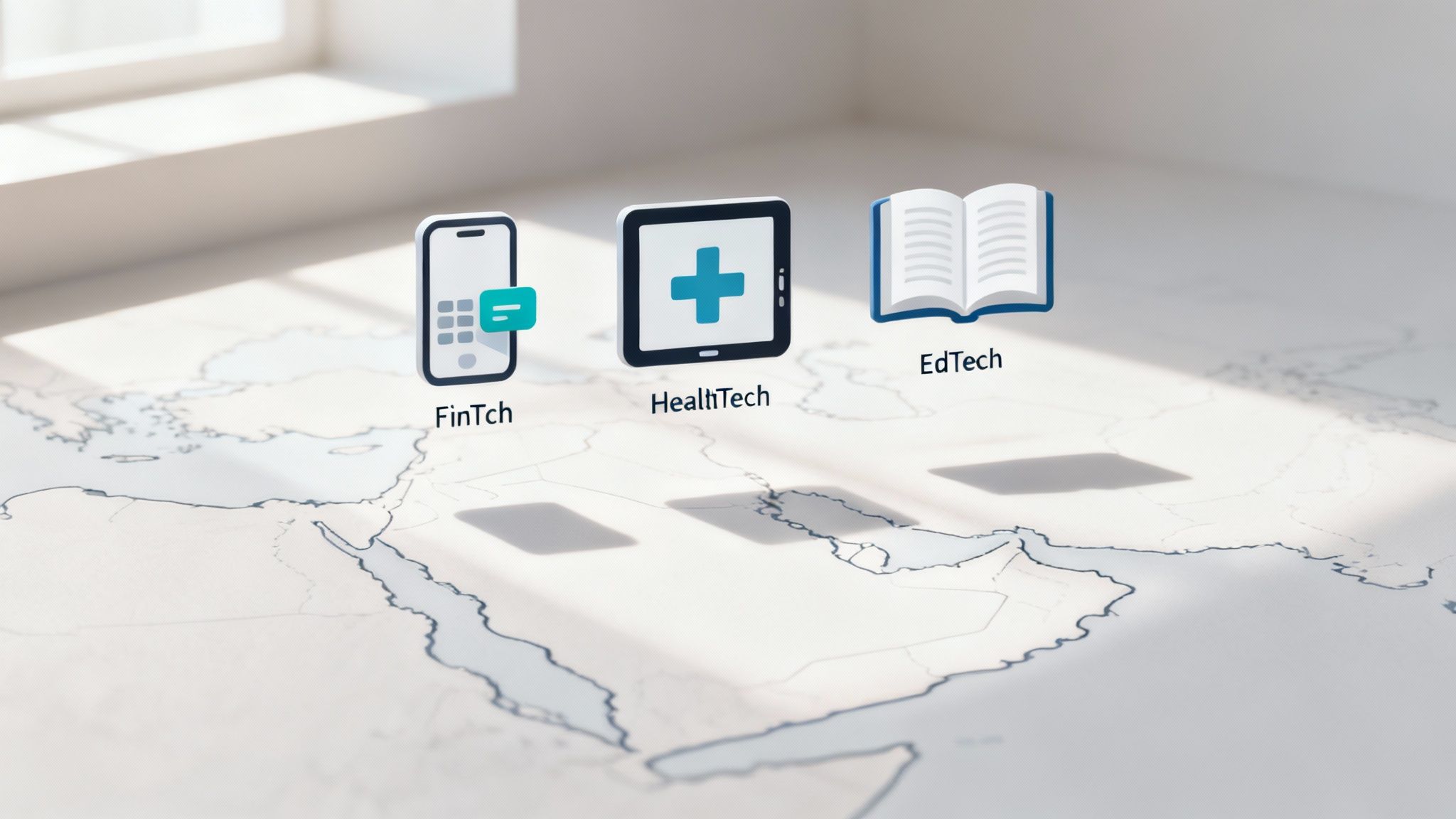 Three icons representing FinTech, HealthTech, and EdTech on a map of the Middle East.