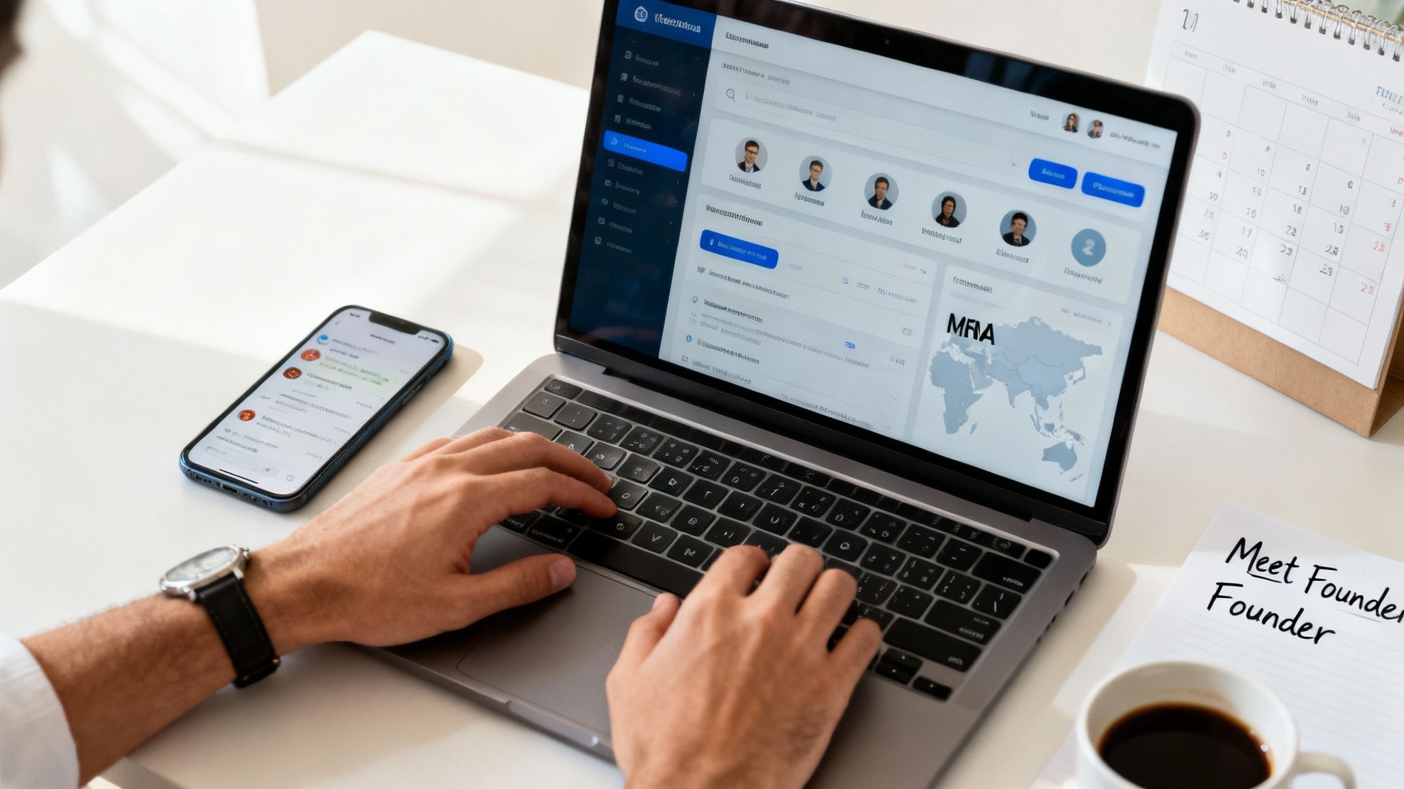 Person typing on a laptop displaying a business dashboard, with a smartphone and coffee nearby.