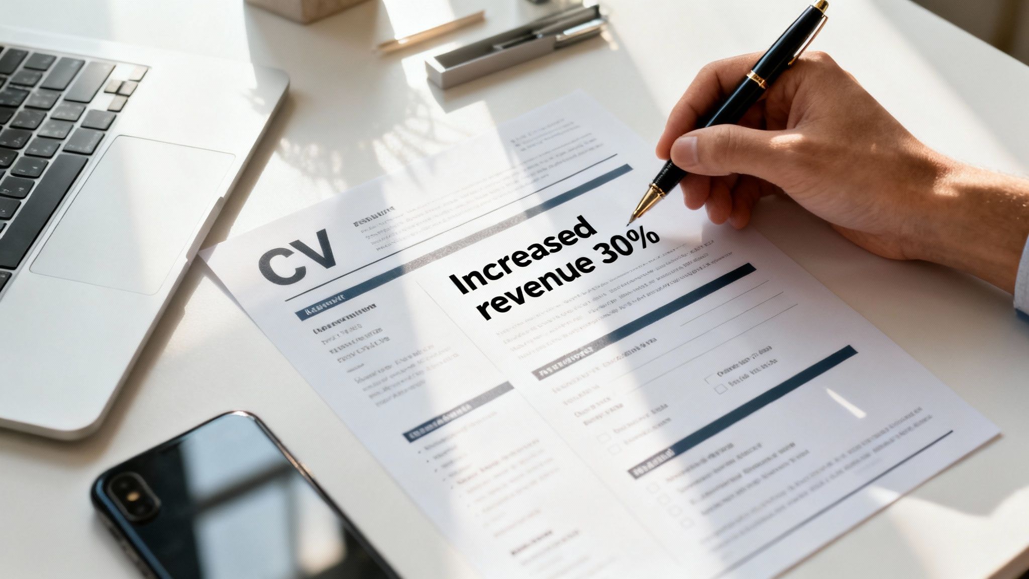 A hand writes 'Increased revenue 30%' on a CV document with a pen, next to a laptop and phone.