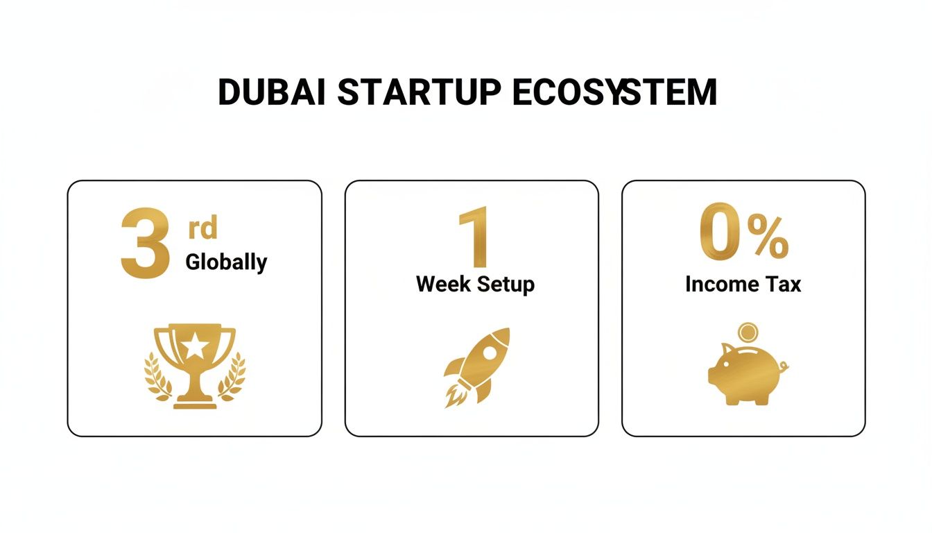Infographic highlighting Dubai's startup ecosystem ranking 3rd globally, offering 1-week setup and 0% income tax.