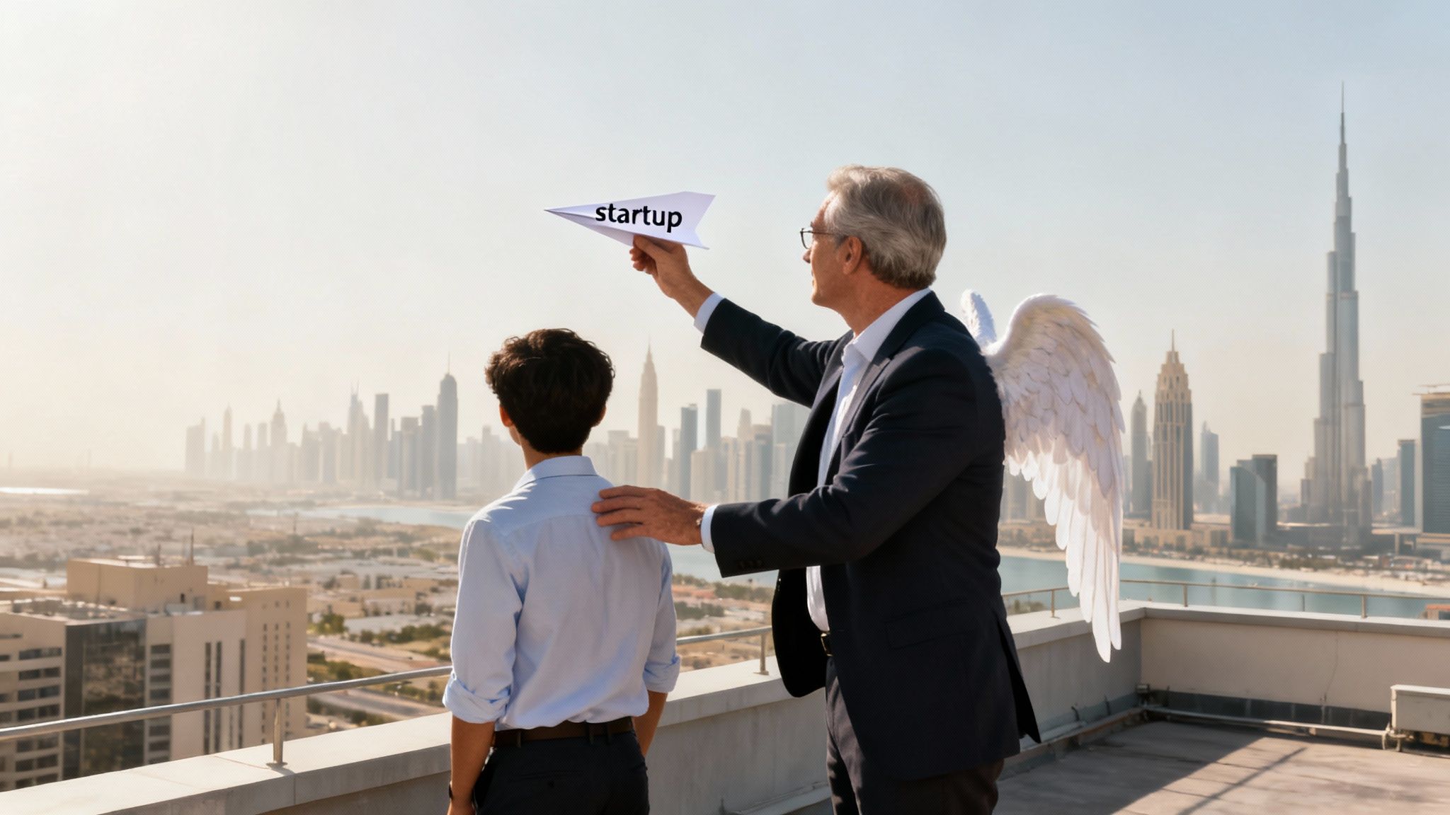 An older man with angel wings launches a 'startup' paper airplane, mentoring a young entrepreneur on a rooftop overlooking a city skyline with the Burj Khalifa.