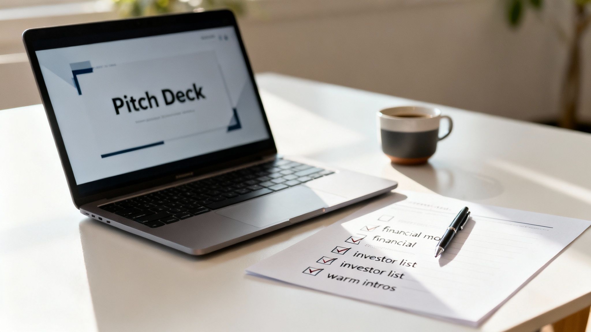 Laptop displaying 'Pitch Deck' presentation, investor checklist, pen, and coffee on a white desk.