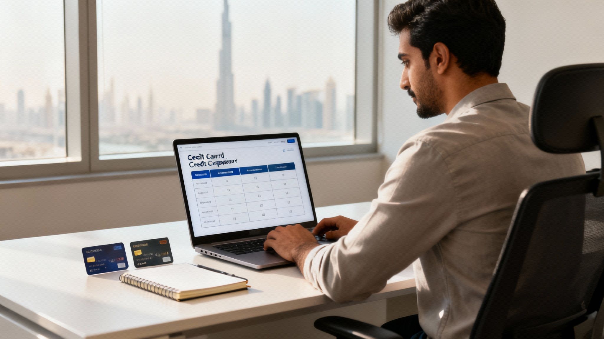 Man compares credit cards on a laptop with two cards on a desk and city skyline view.