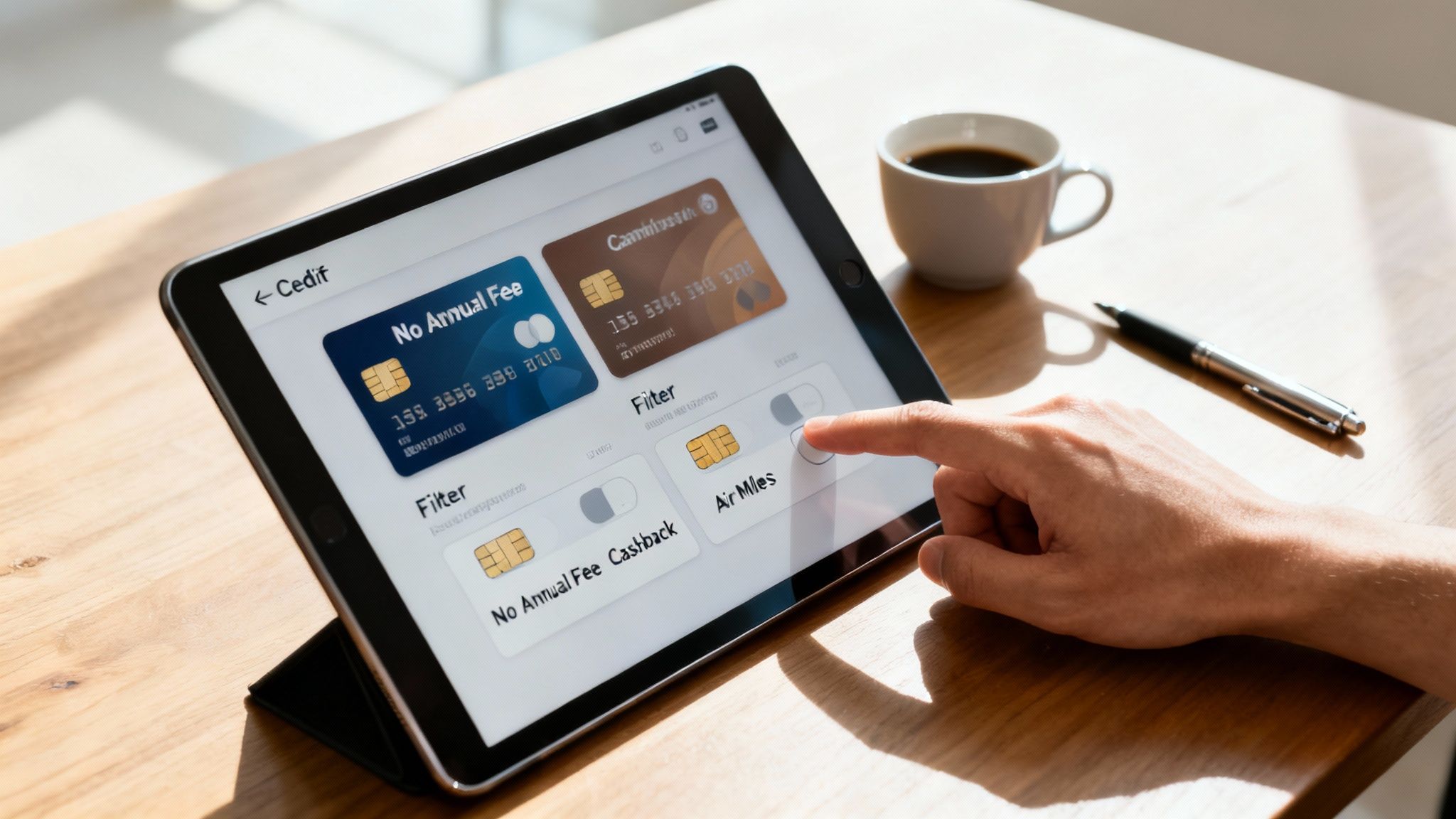 A person's hand taps a tablet screen displaying various credit card options with filter toggles for features like 'Air Miles'.