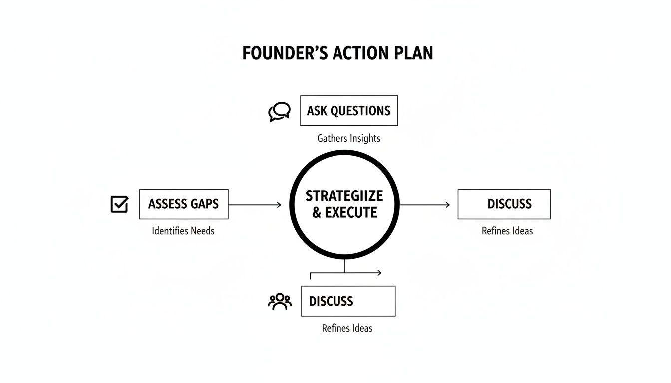 A diagram illustrating the Founder's Action Plan, detailing steps like assessing gaps, asking questions, strategizing, executing, and discussing ideas.