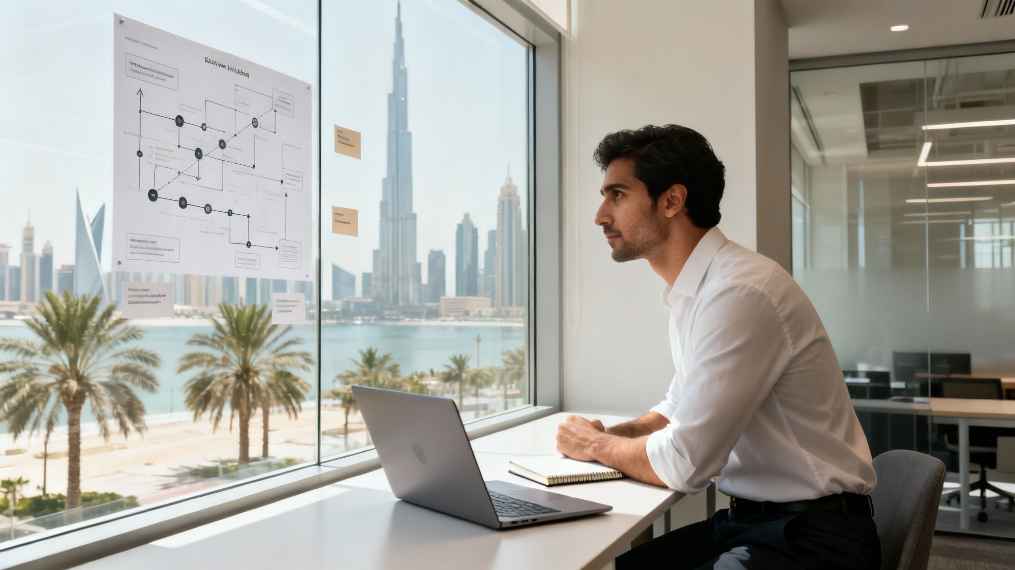 A focused man in an office looks at a city skyline from a desk with a laptop.