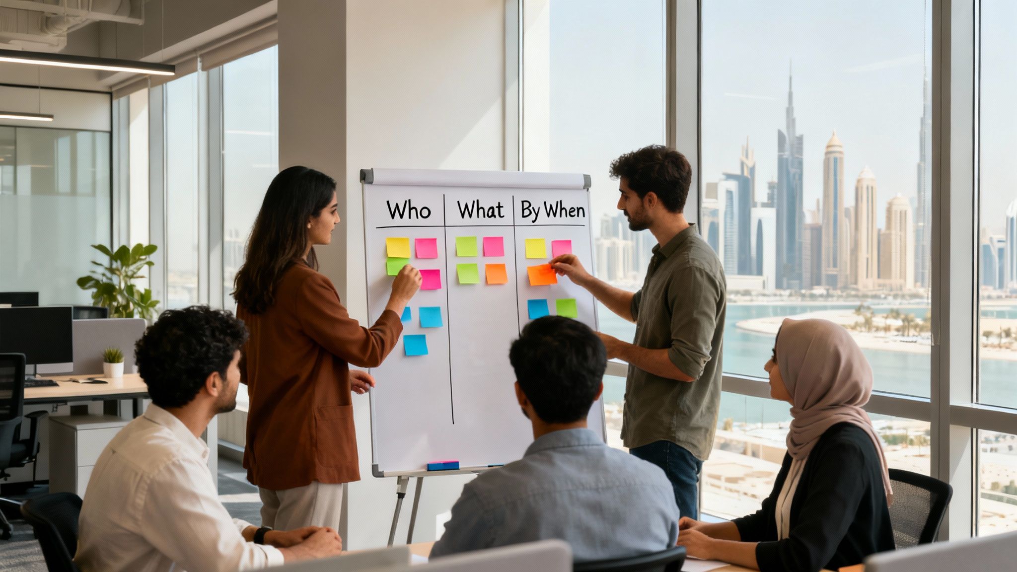 A diverse team collaboratively plans a project with sticky notes on a whiteboard in a modern office with city views.