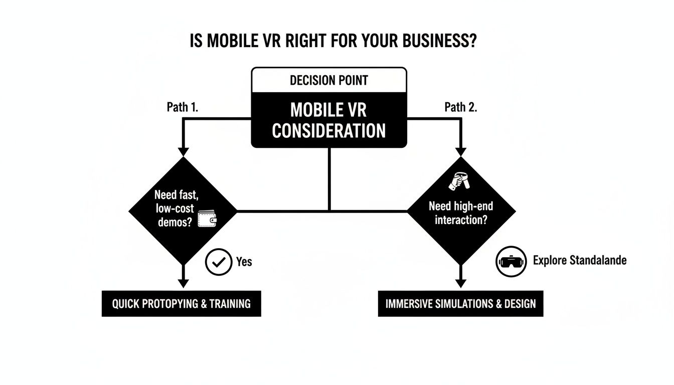 Flowchart guiding business decisions for mobile VR, considering cost-effective demos or high-end interactive simulations.