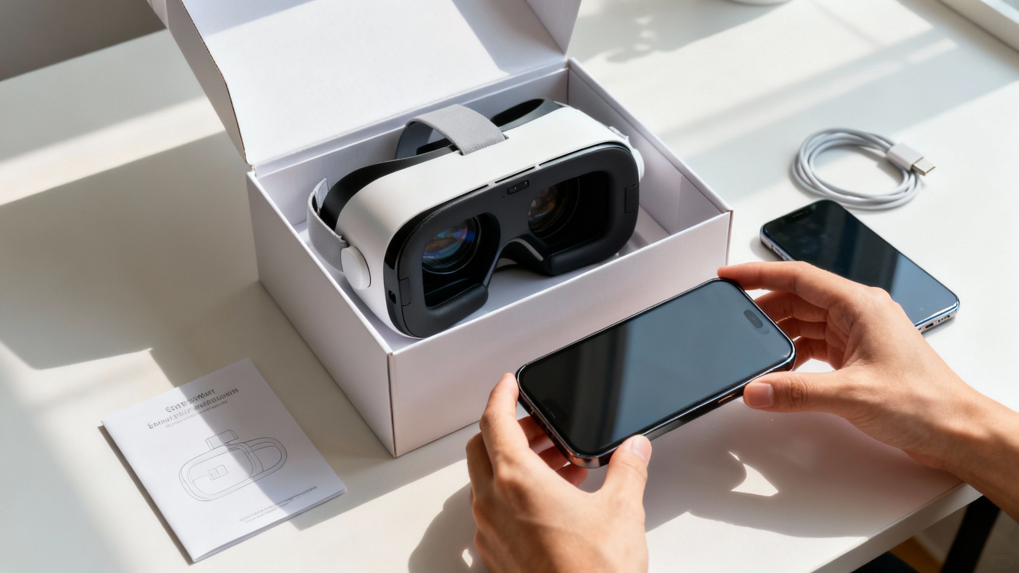 A person holds a smartphone next to a white VR headset in its box, with a manual and cable.