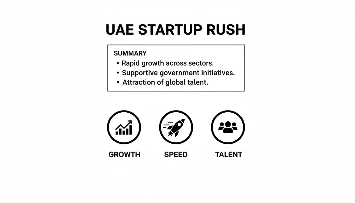 Infographic summarizing the UAE startup ecosystem with key aspects: rapid growth, speed, and global talent attraction.